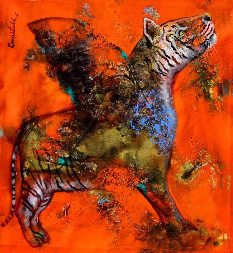 Painting of a winged tiger rising against a deep orange ground